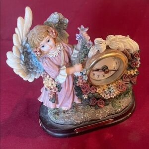 Pink Angel Floral Mantel Clock Figurine - Decorative Home Accent